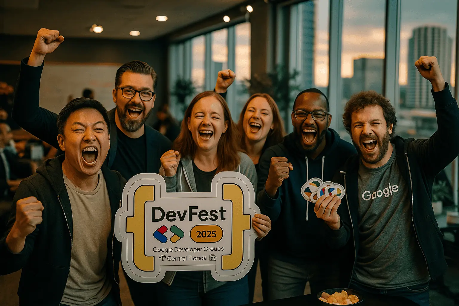 DevFest Florida GemJam participants celebrating with stickers and swag